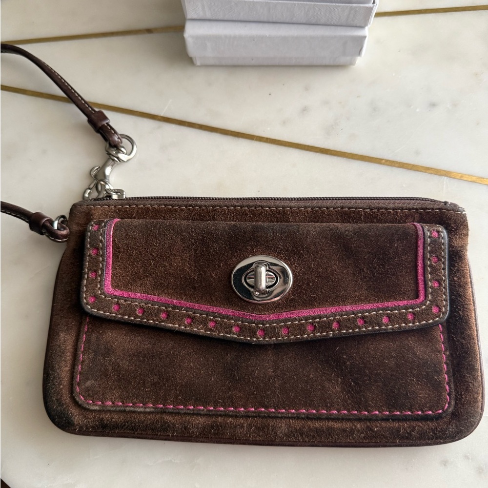 Coach Vintage Brown Suede Women's Clutch Wristlet Pink Trim Interior - Picture 2 of 7
